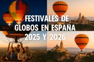 Resumen de festivales de globos en España 2025 y 2026 con imágenes de vuelos, Noche Mágica y paisajes