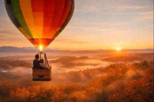 Vuelo en globo aerostático al amanecer en otoño e invierno con paisaje natural