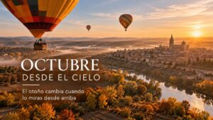Vuelo en globo en otoño sobre un paisaje de colores dorados y rojizos